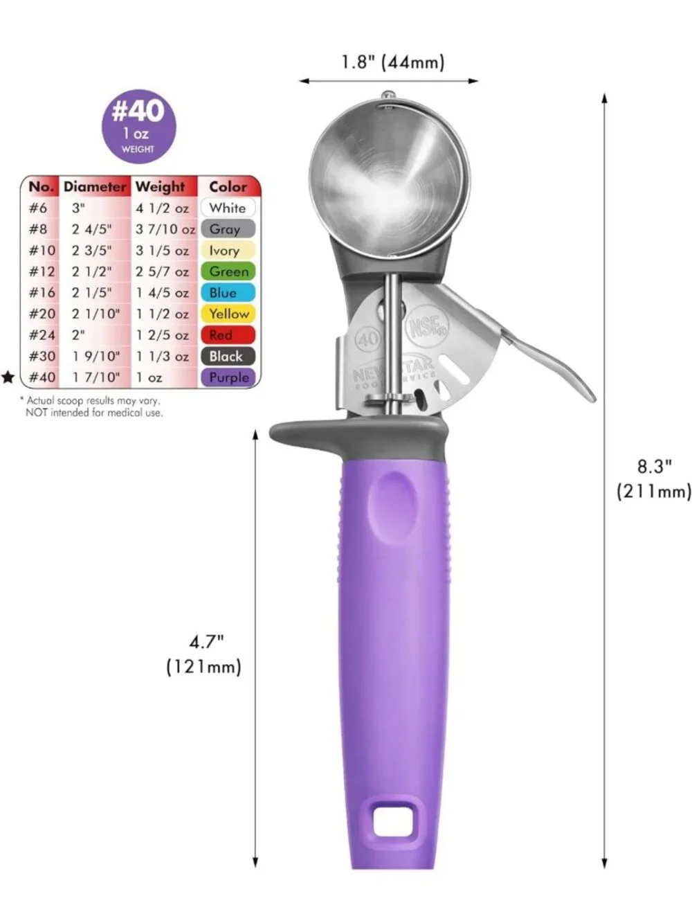 Commercial-Grade Ice Cream Scoop & Food Disher - #40, Stainless Steel, Purple